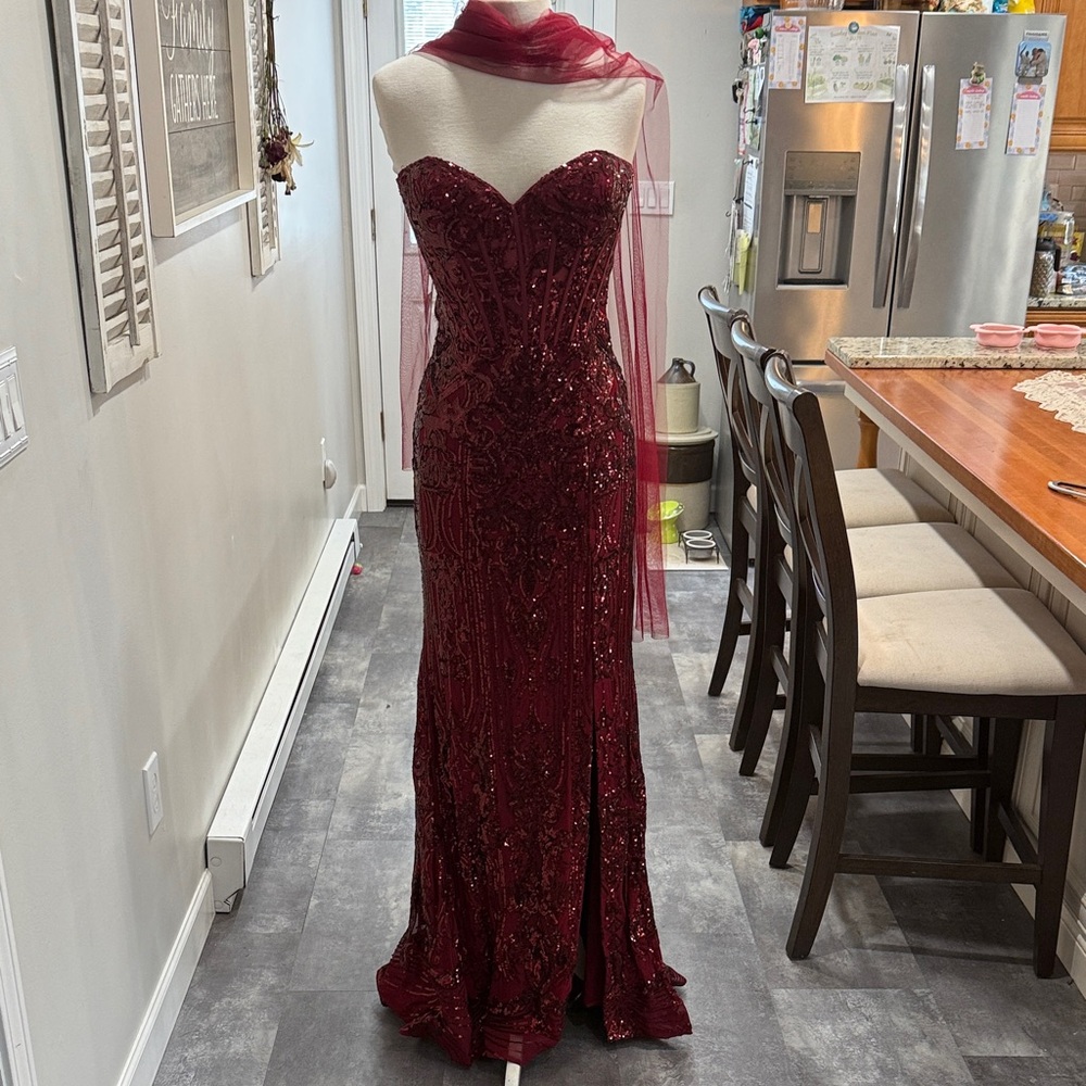 Jovani Strapless Burgundy Sequin Evening Gown with Shawl